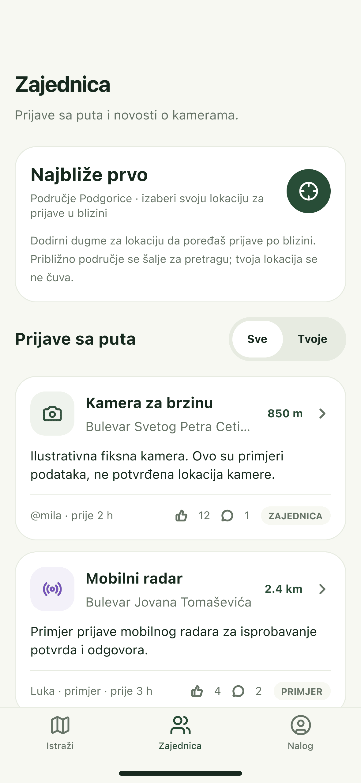 Ekran Zajednica u RadarNavu sa prijavama sa puta u blizini i novostima o kamerama
