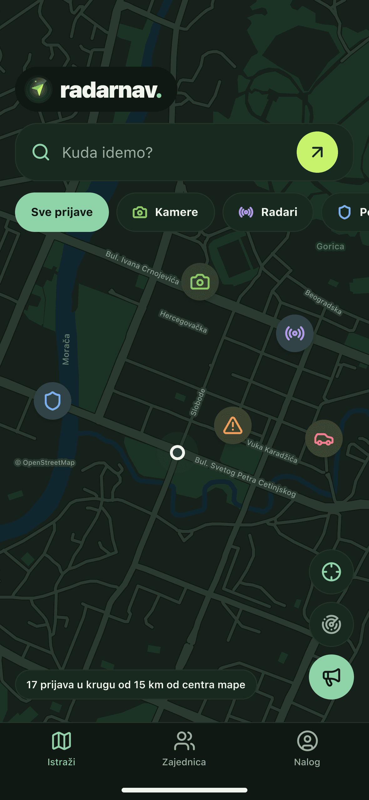 RadarNav mapa u tamnom režimu