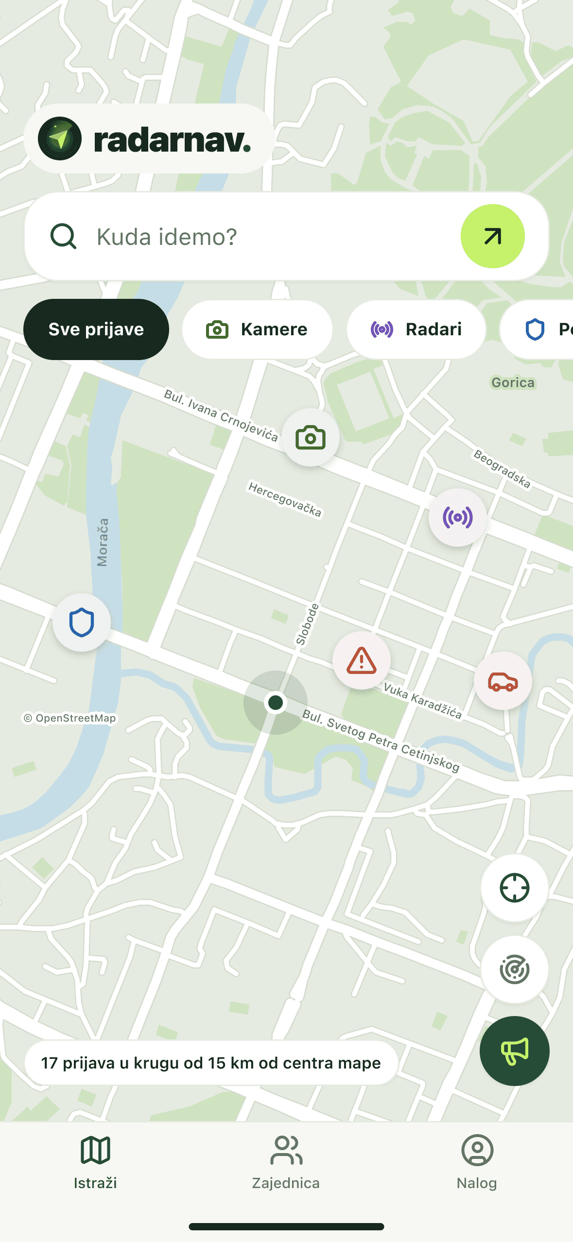 RadarNav mapa sa prijavama kamera, radara, policije, opasnosti i saobraćaja oko Podgorice