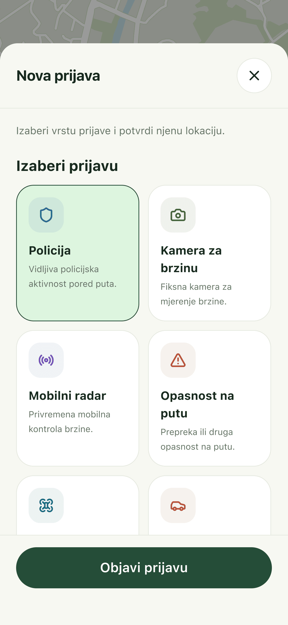 Nova prijava u RadarNavu: izbor vrste i označavanje lokacije na mapi